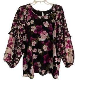 Calvin Klein floral balloon sleeve blouse women’s 1X lined black pink & purple